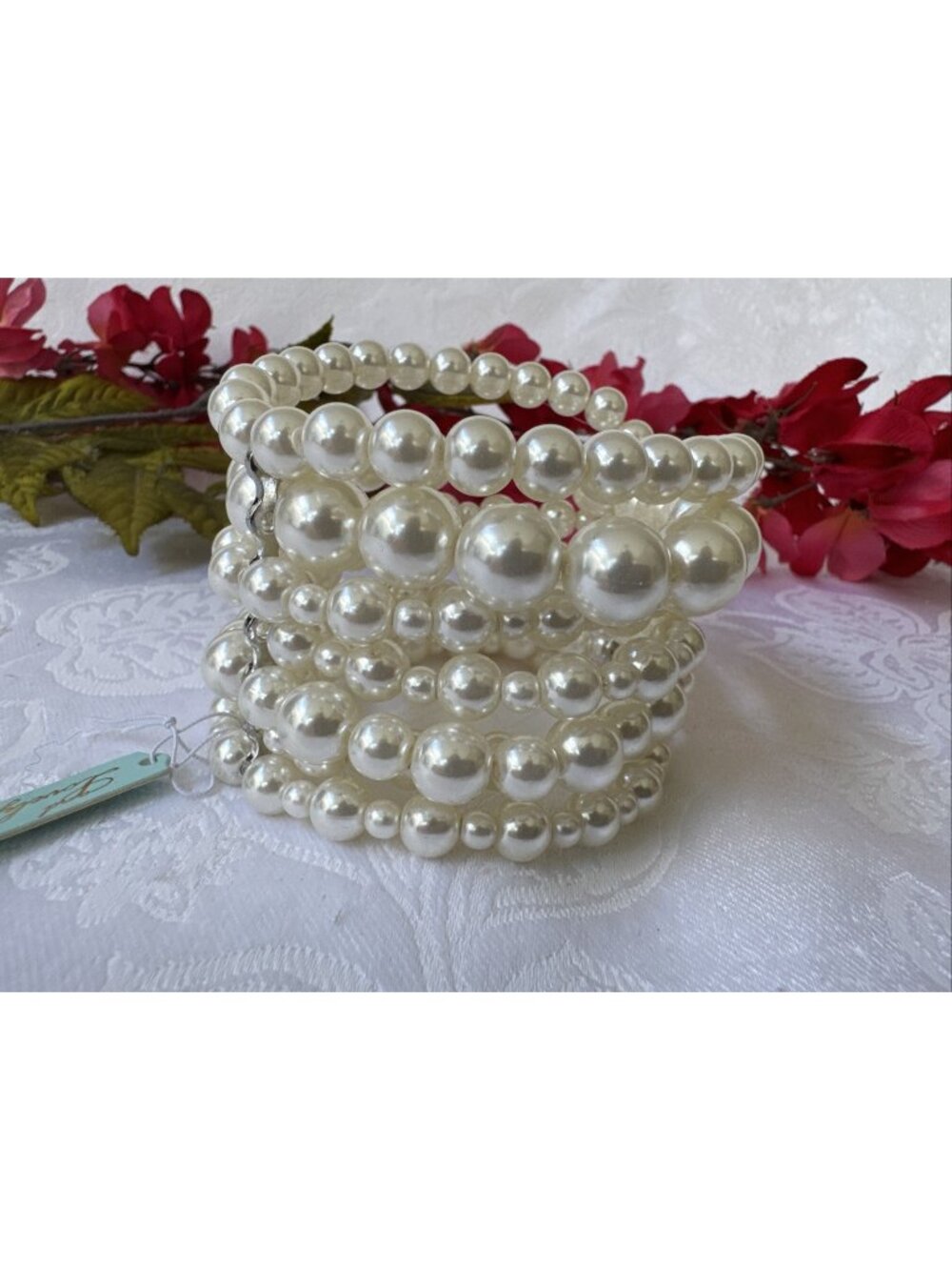 And Lovely Cuff Bracelet Gold-tone Brass Faux Pearl Stretch Chunky Classic NWT